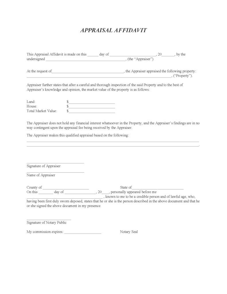 Real Estate Appraisal Affidavit Free Printable Legal Forms