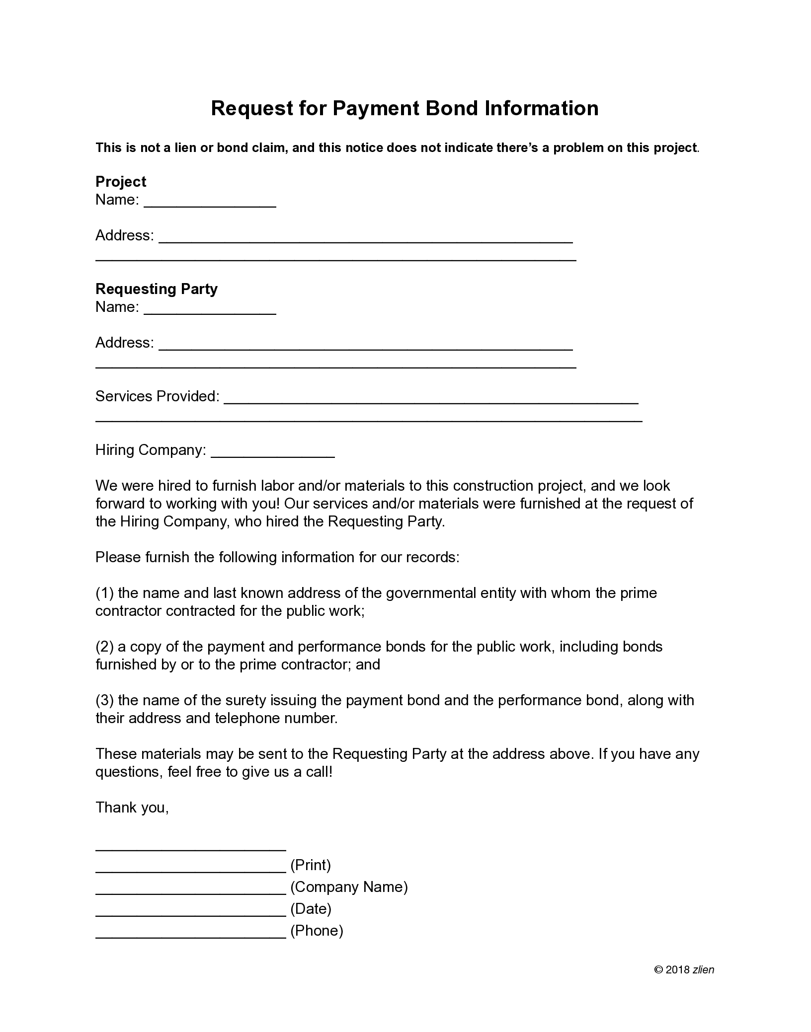 Request For Payment Bond Information Form