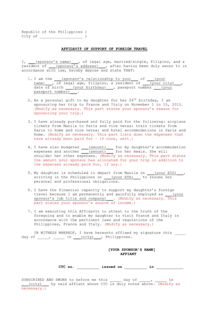 Sample Affidavit Of Support for Visa Application SGMT
