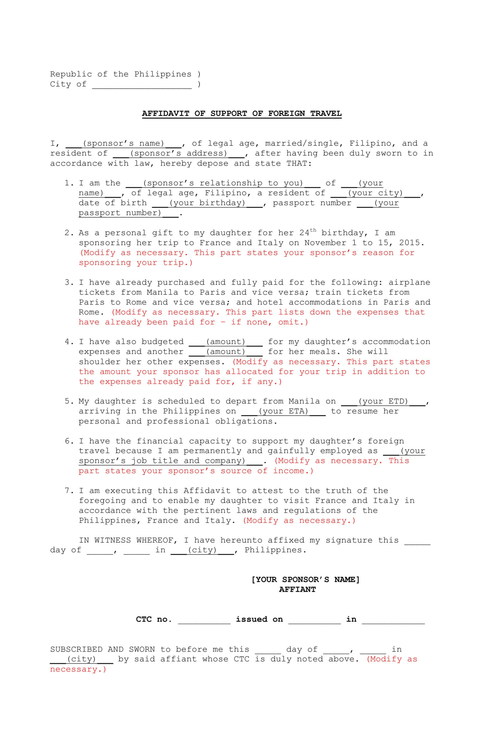 Sample Affidavit Of Support for Visa Application SGMT