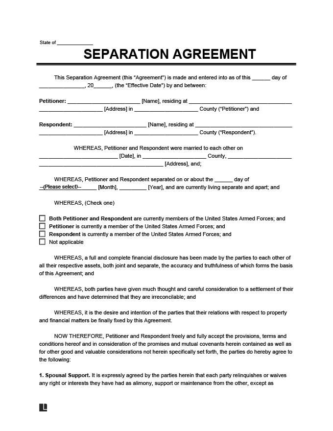 Separation Agreement Form Create A Free Separation Agreement