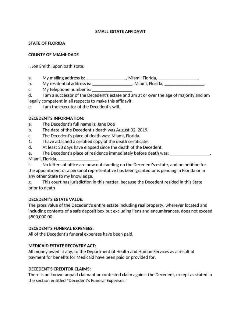 Small Estate Affidavit Florida Attorney Docs