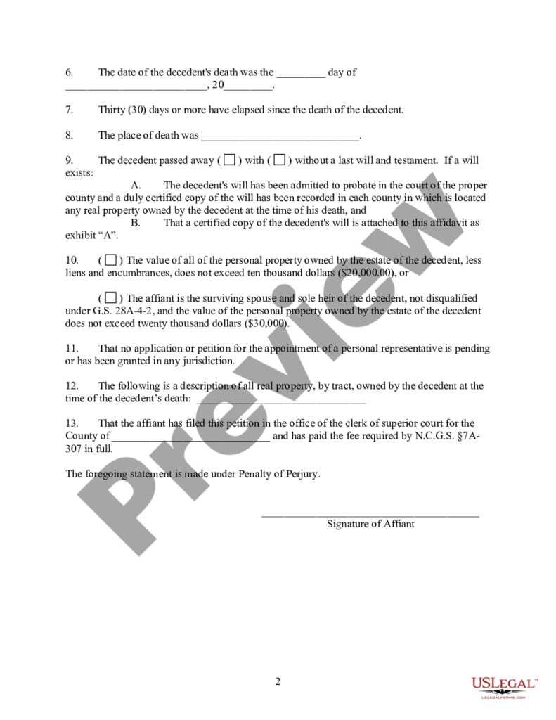 Small Estate Affidavit For North Carolina For Estates Not More Than 