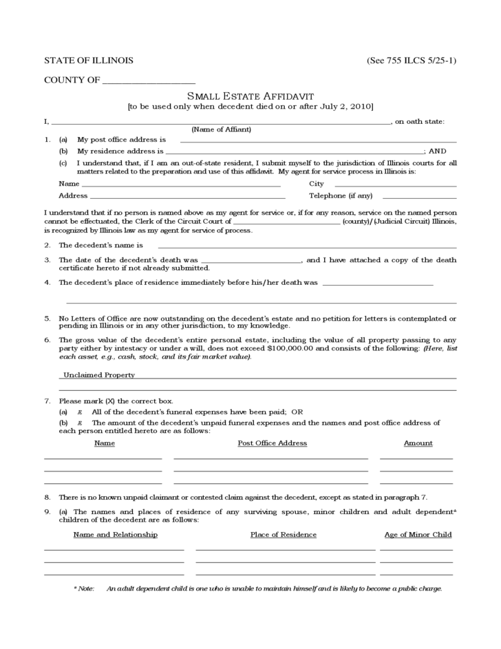 Small Estate Affidavit Sample Form Illinois Free Download