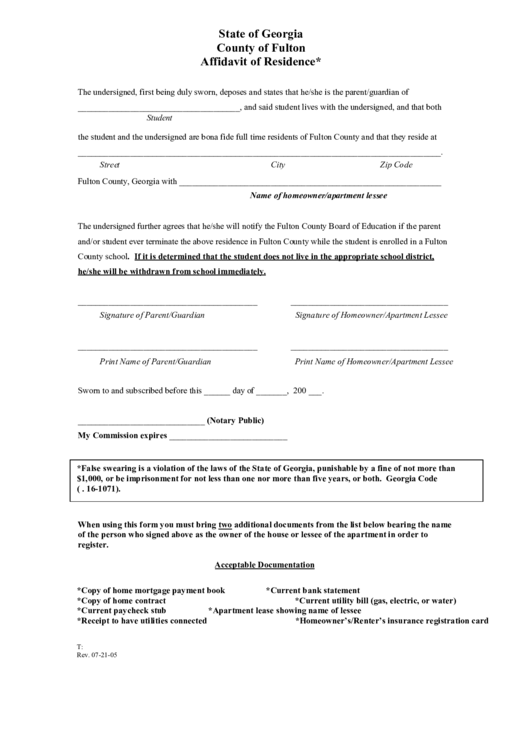 State Of Georgia County Of Fulton Affidavit Of Residence Printable Pdf 