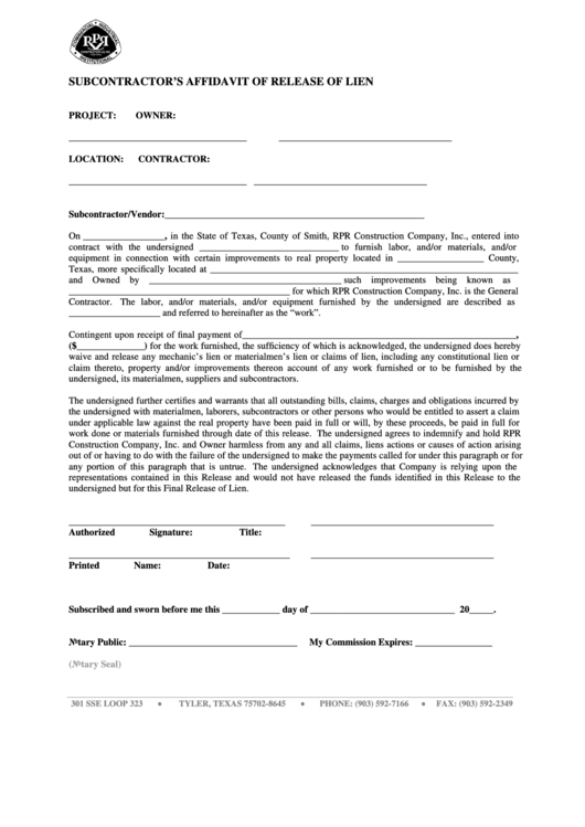 Subcontractor S Affidavit Of Release Of Lien Form Rpr Construction 