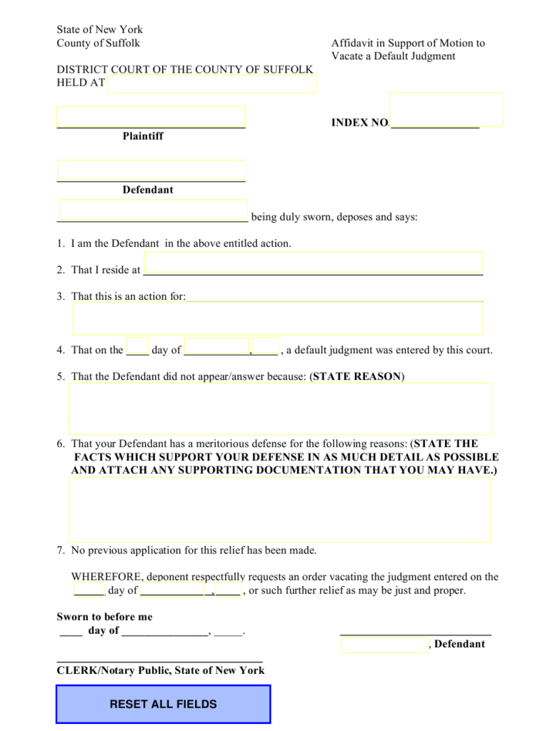 Suffolk County New York Affidavit In Support Of Motion To Vacate A 