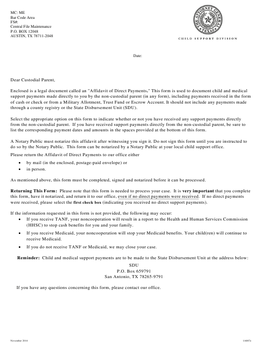Texas Custodial Parent s Affidavit Of Direct Payments Download 